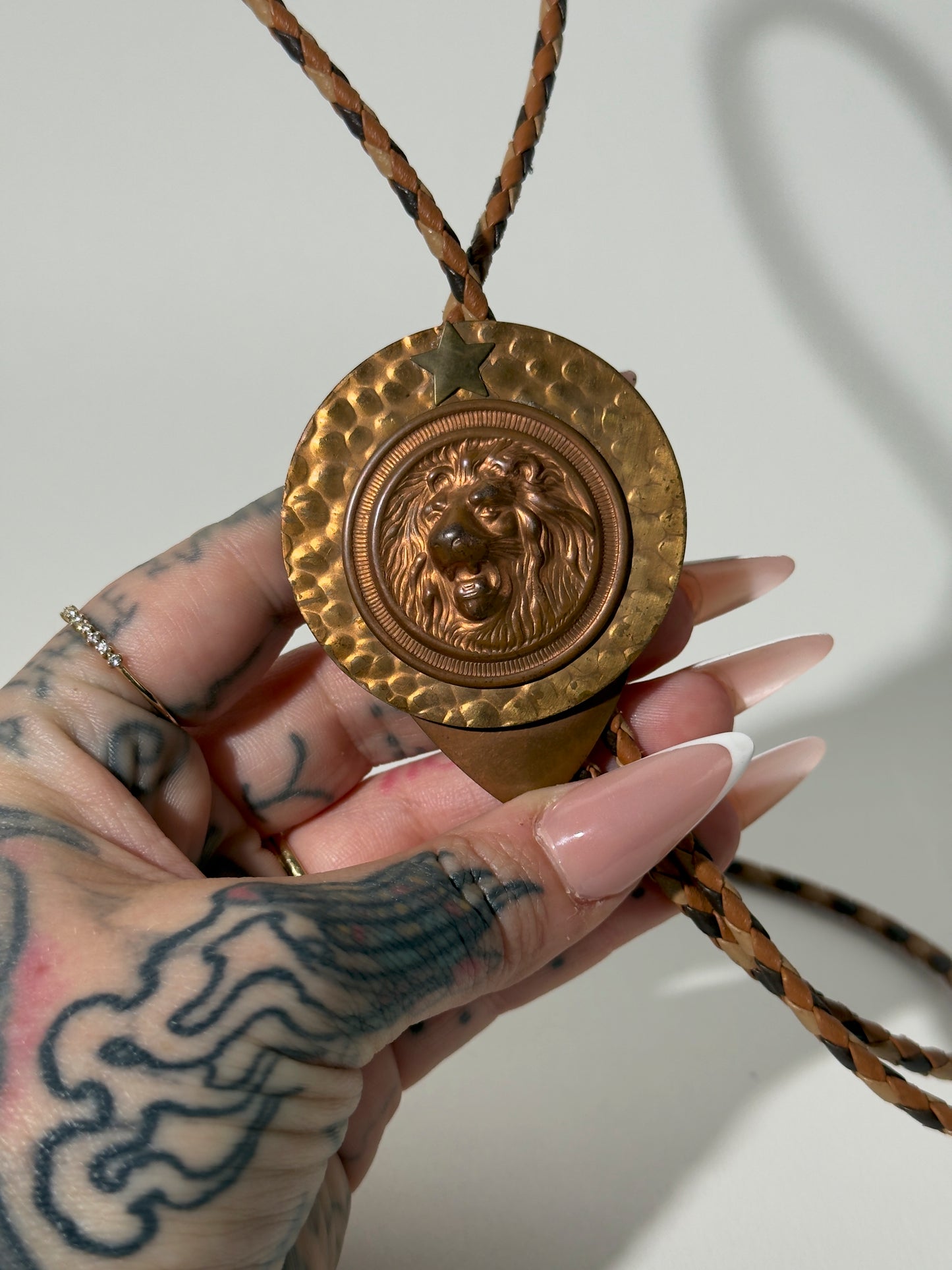 Brass Lion + Leather Bolo