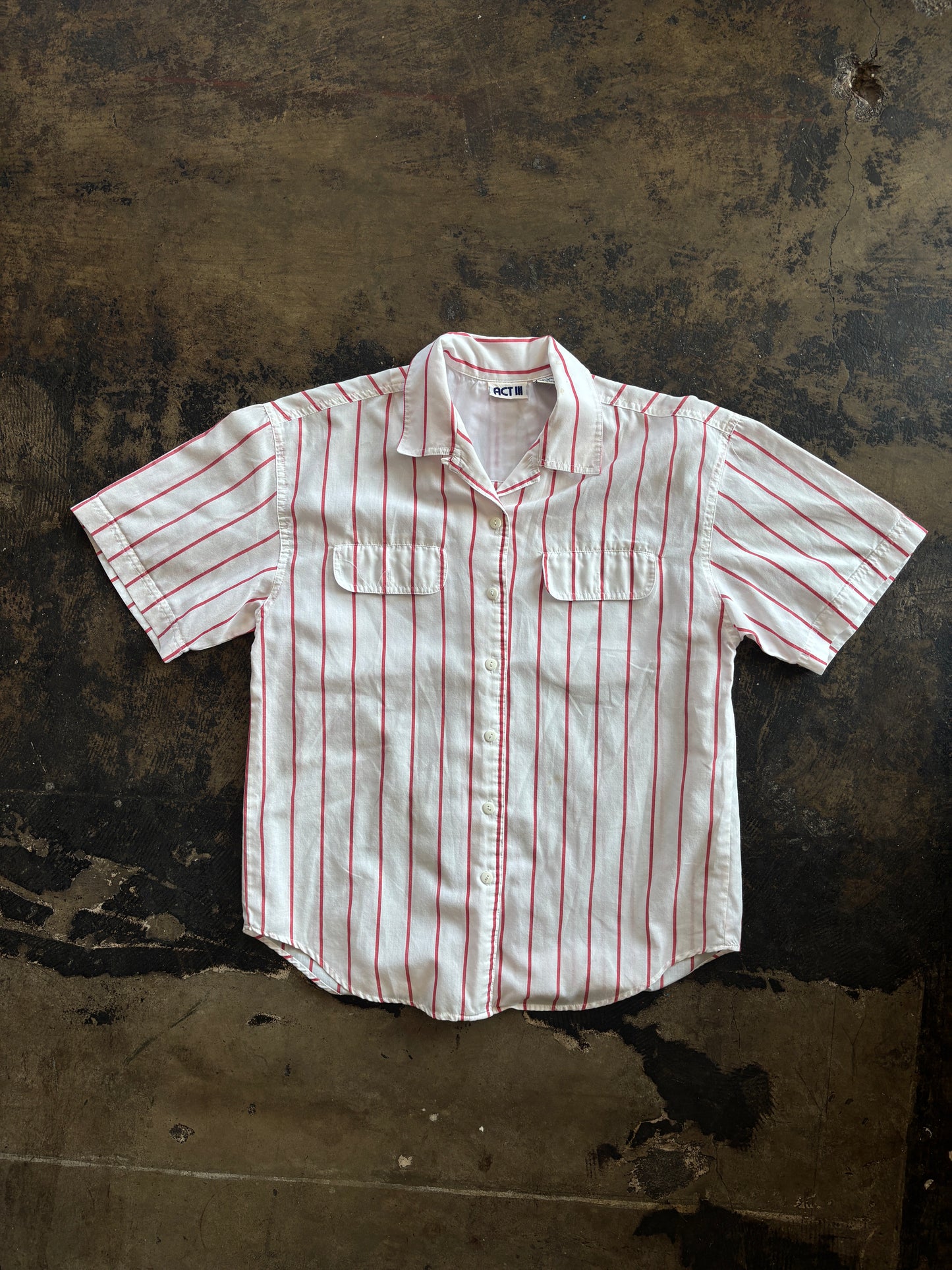 Red Stripe Pocket Front Short Sleeve Blouse