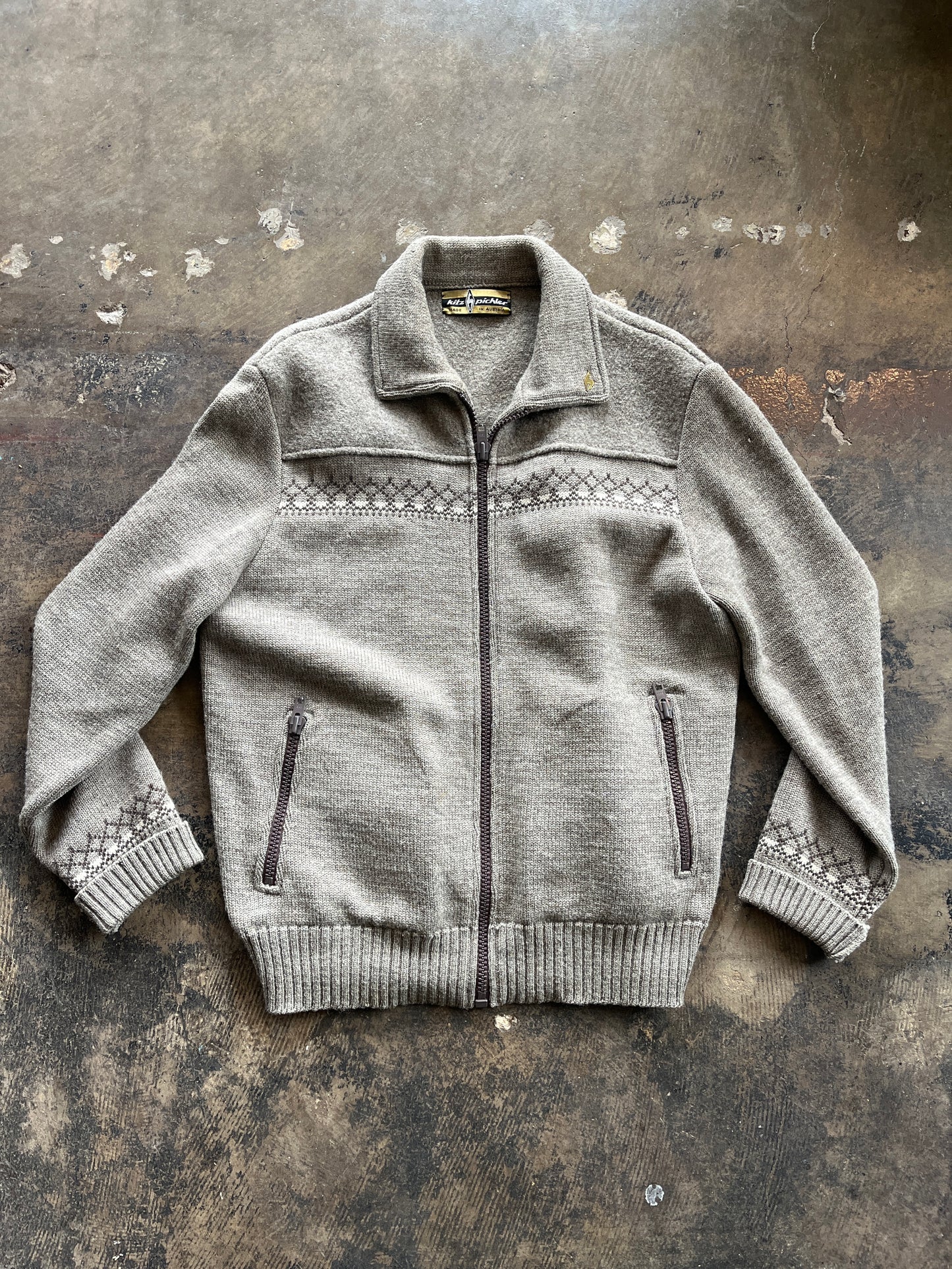 Taupe Full Zip Wool Sweater
