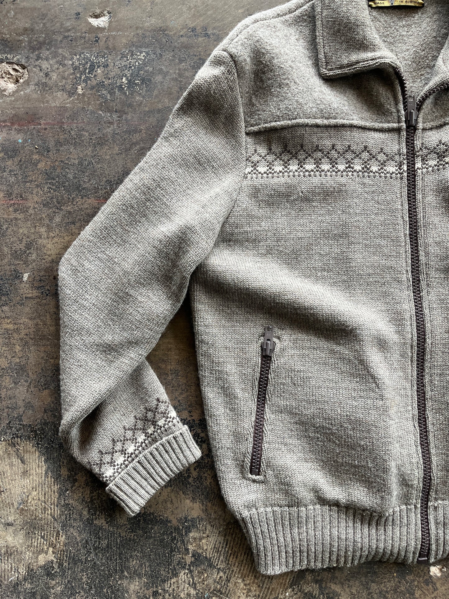 Taupe Full Zip Wool Sweater
