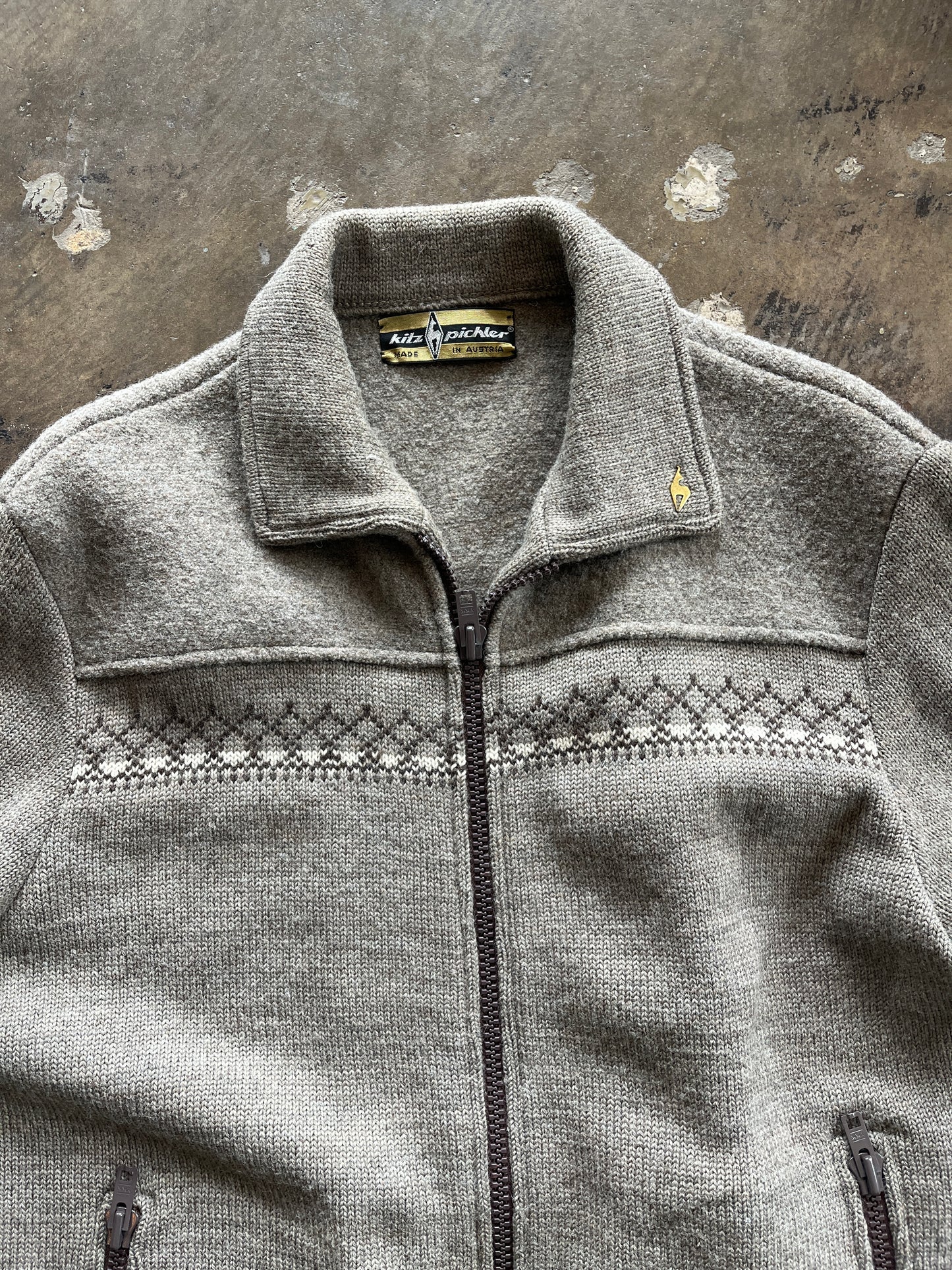 Taupe Full Zip Wool Sweater
