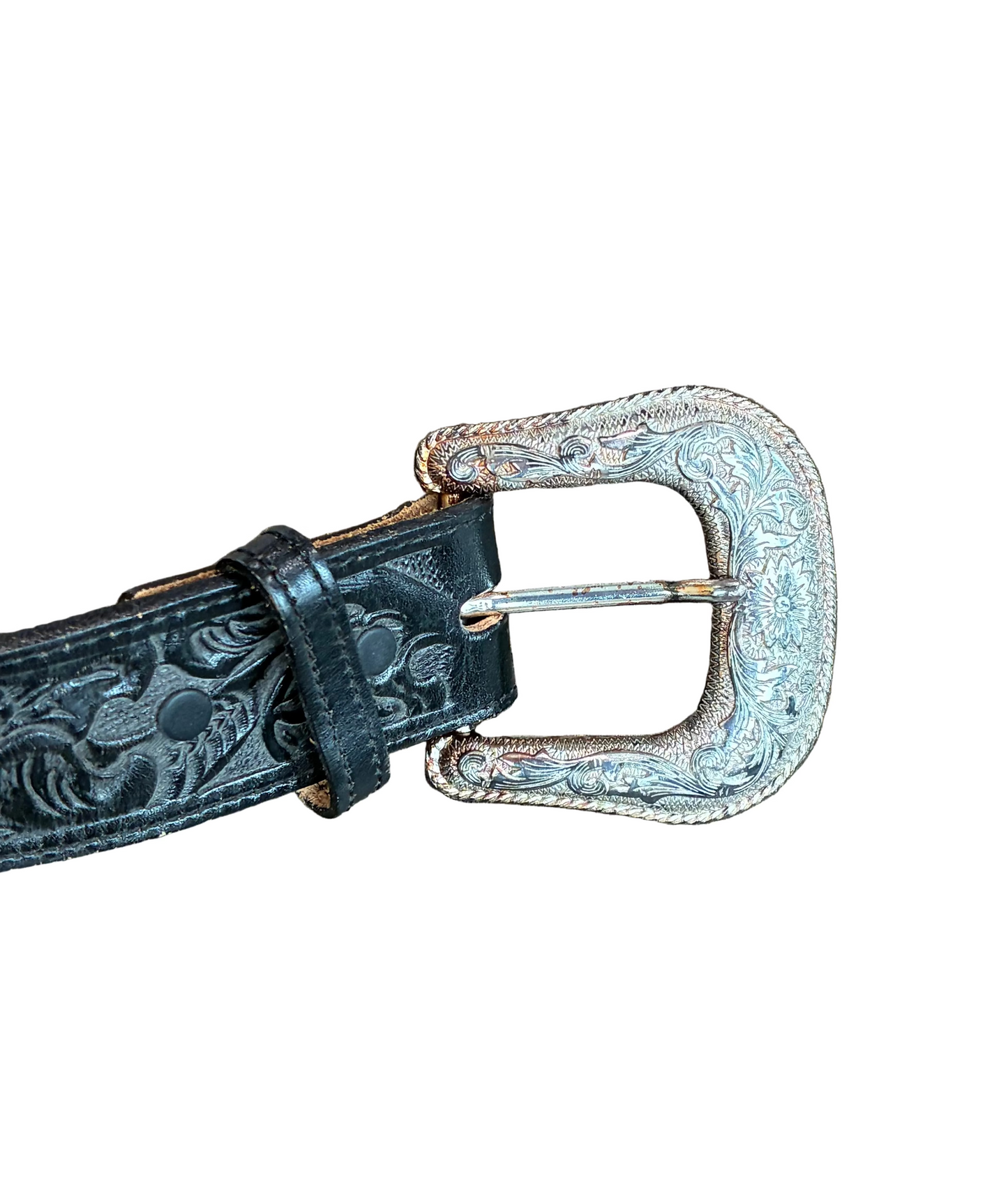 Black Leather Embossed Belt w/ Silver Accents
