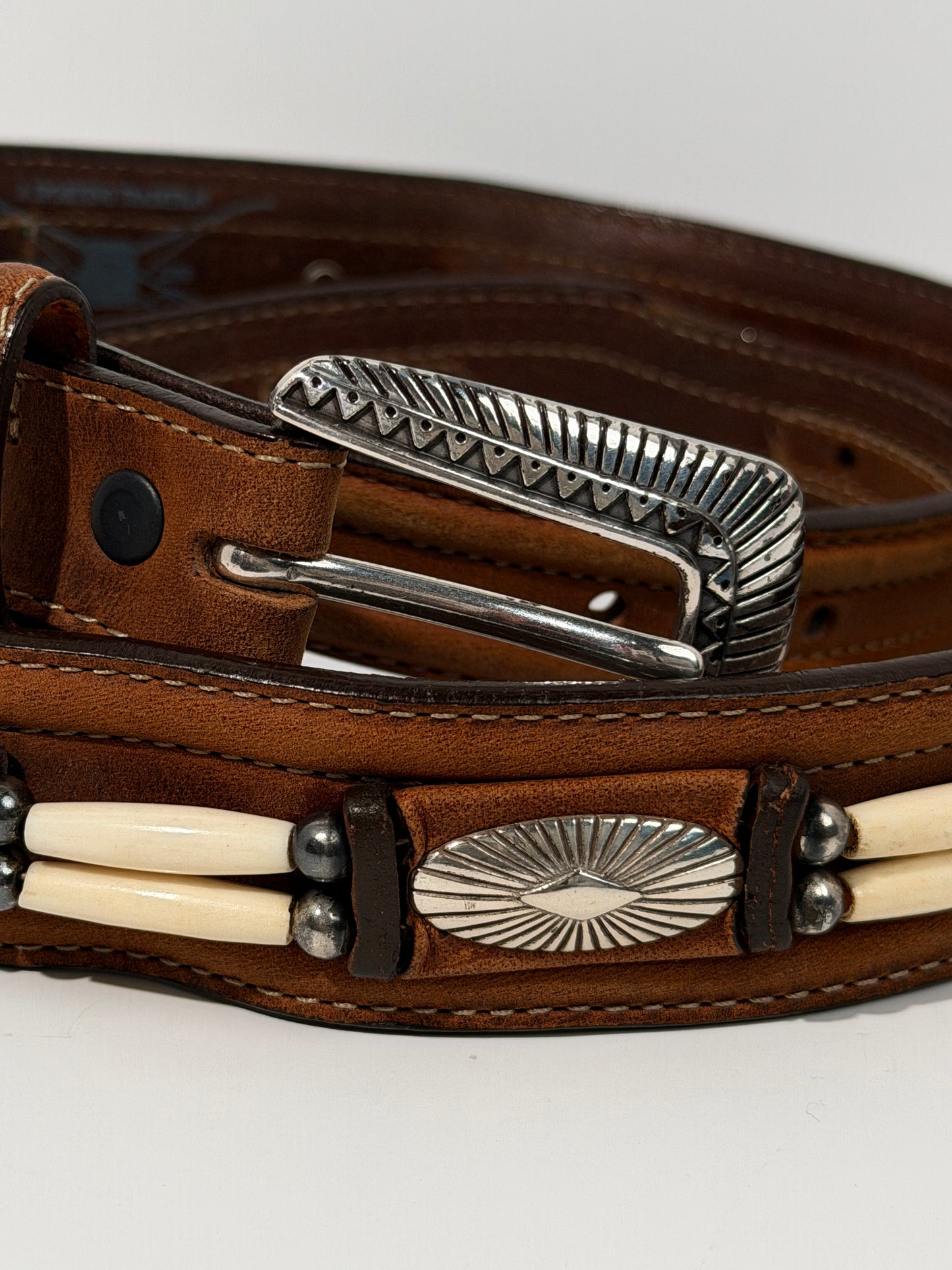 Concho + Beaded Brown Leather Belt