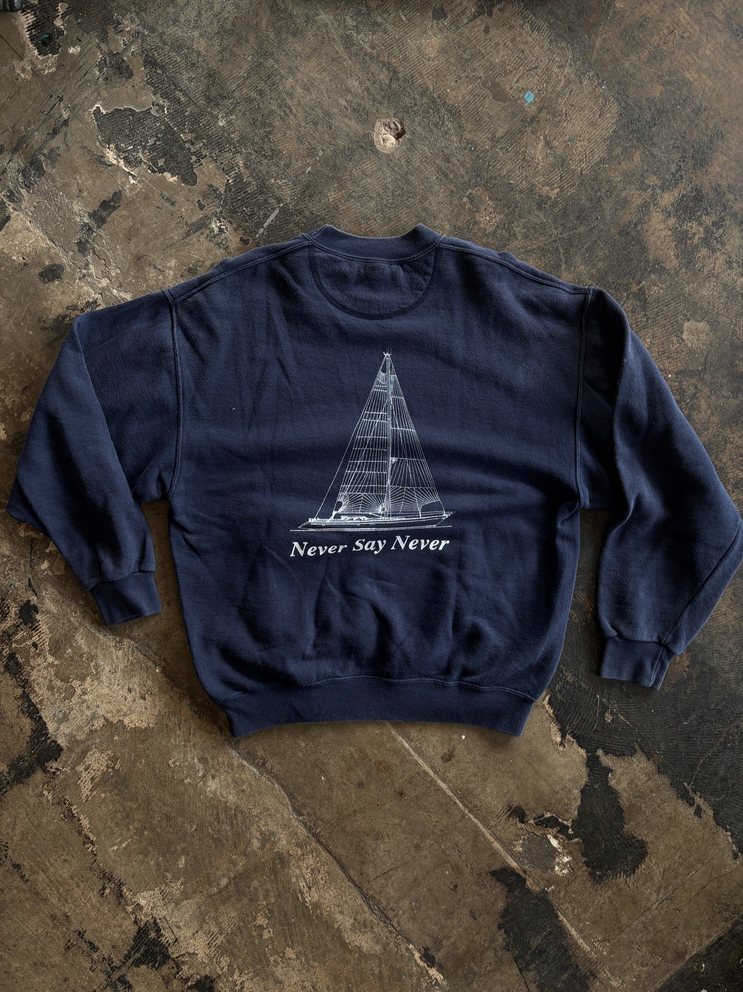 Navy Never Say Never Boat Crewneck Sweater