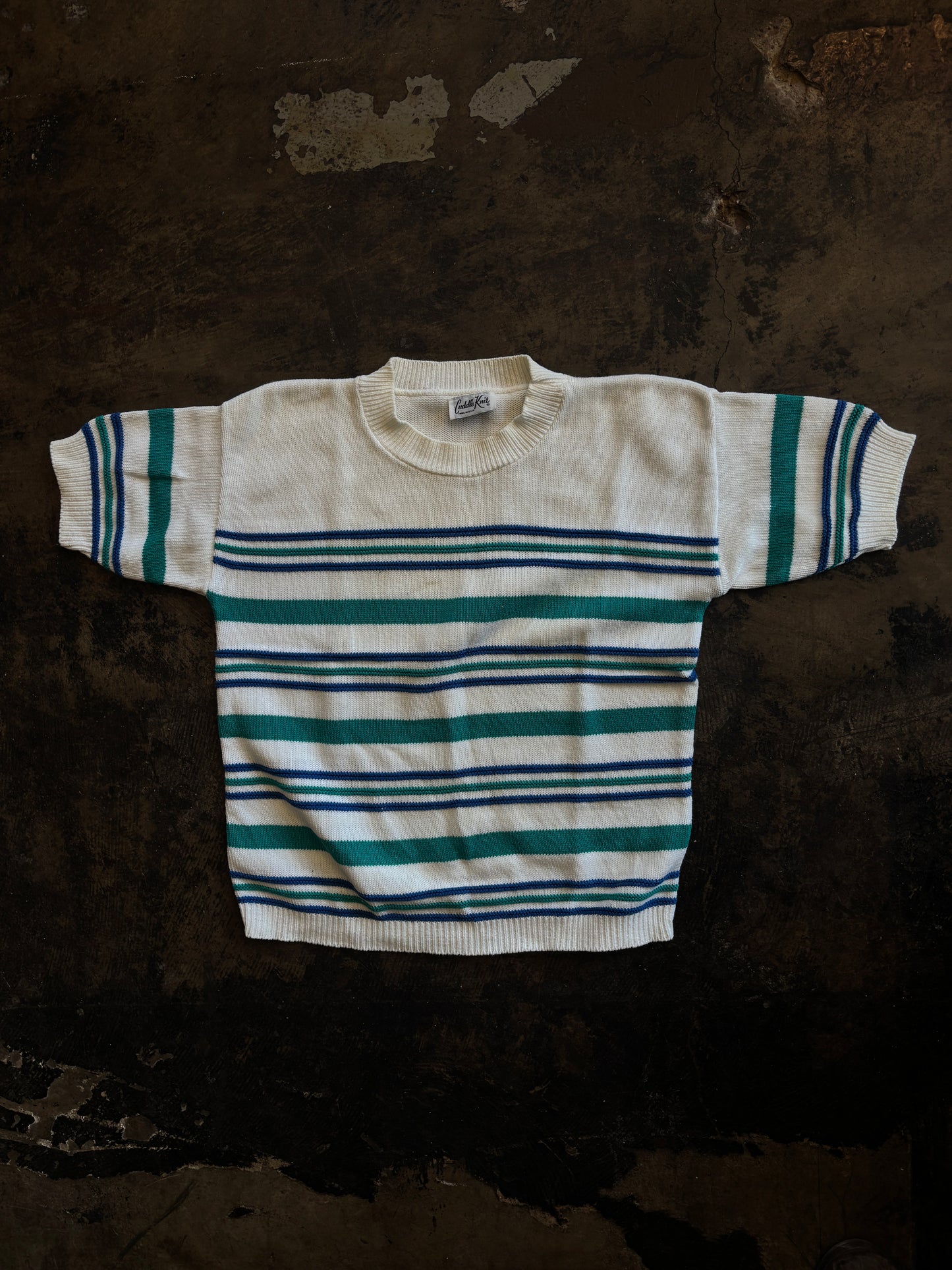 Blue + Teal Stripe Short Sleeve Knit Sweater
