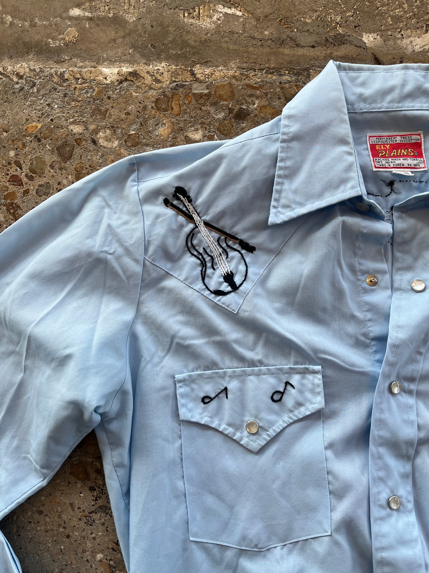 Ely Plains Blue Music Embroidered Pearl Snap