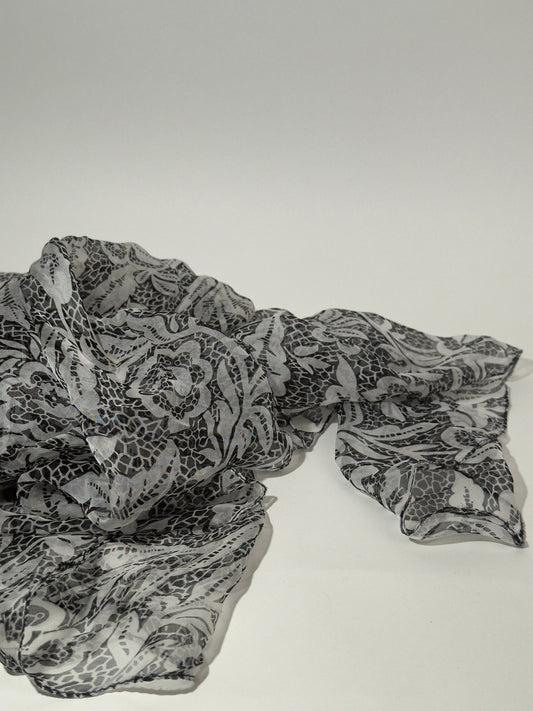 Sheer Black + White Floral Print Scarf