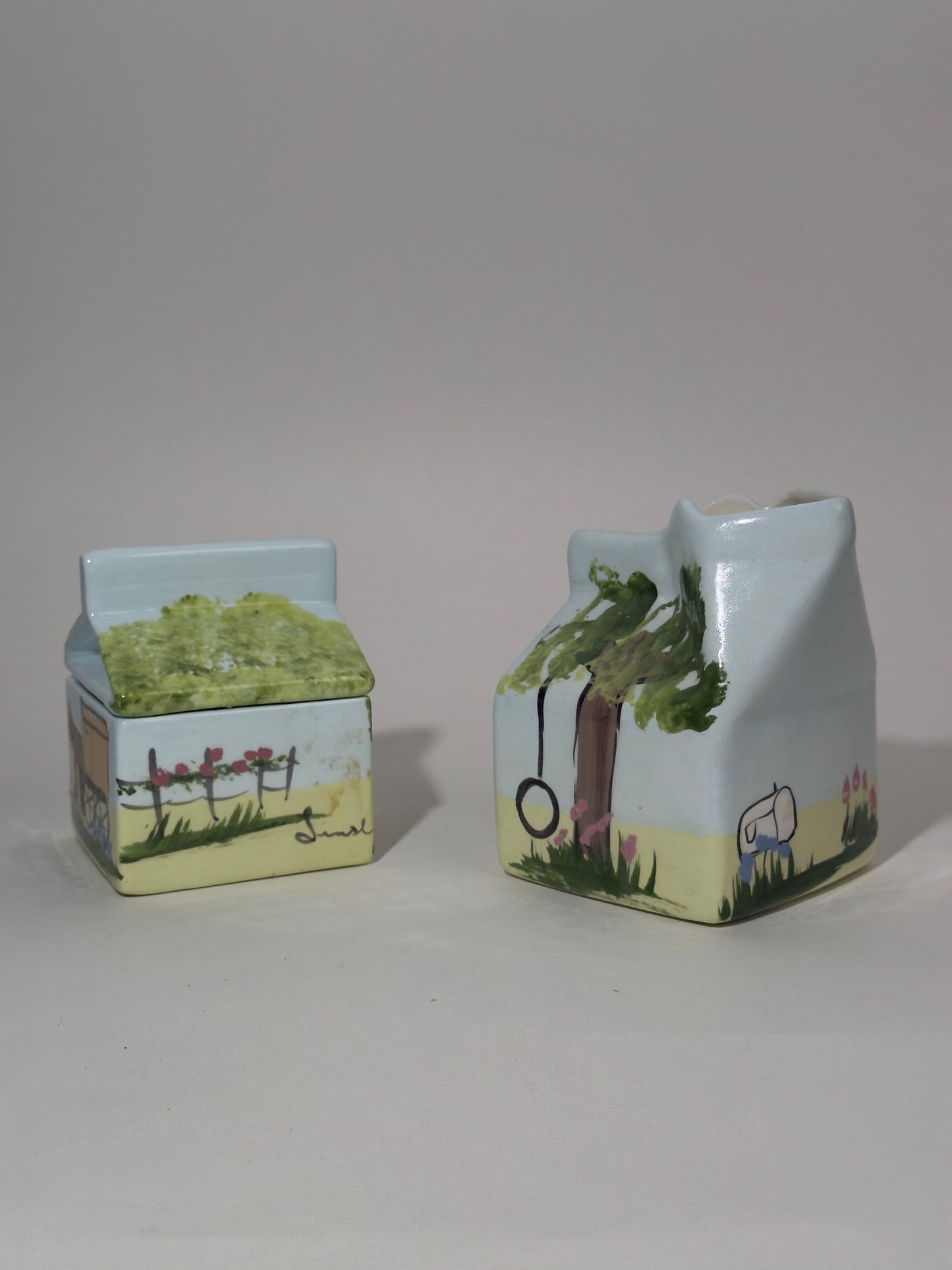 Handpainted Cream + Sugar Ceramic Carton Set