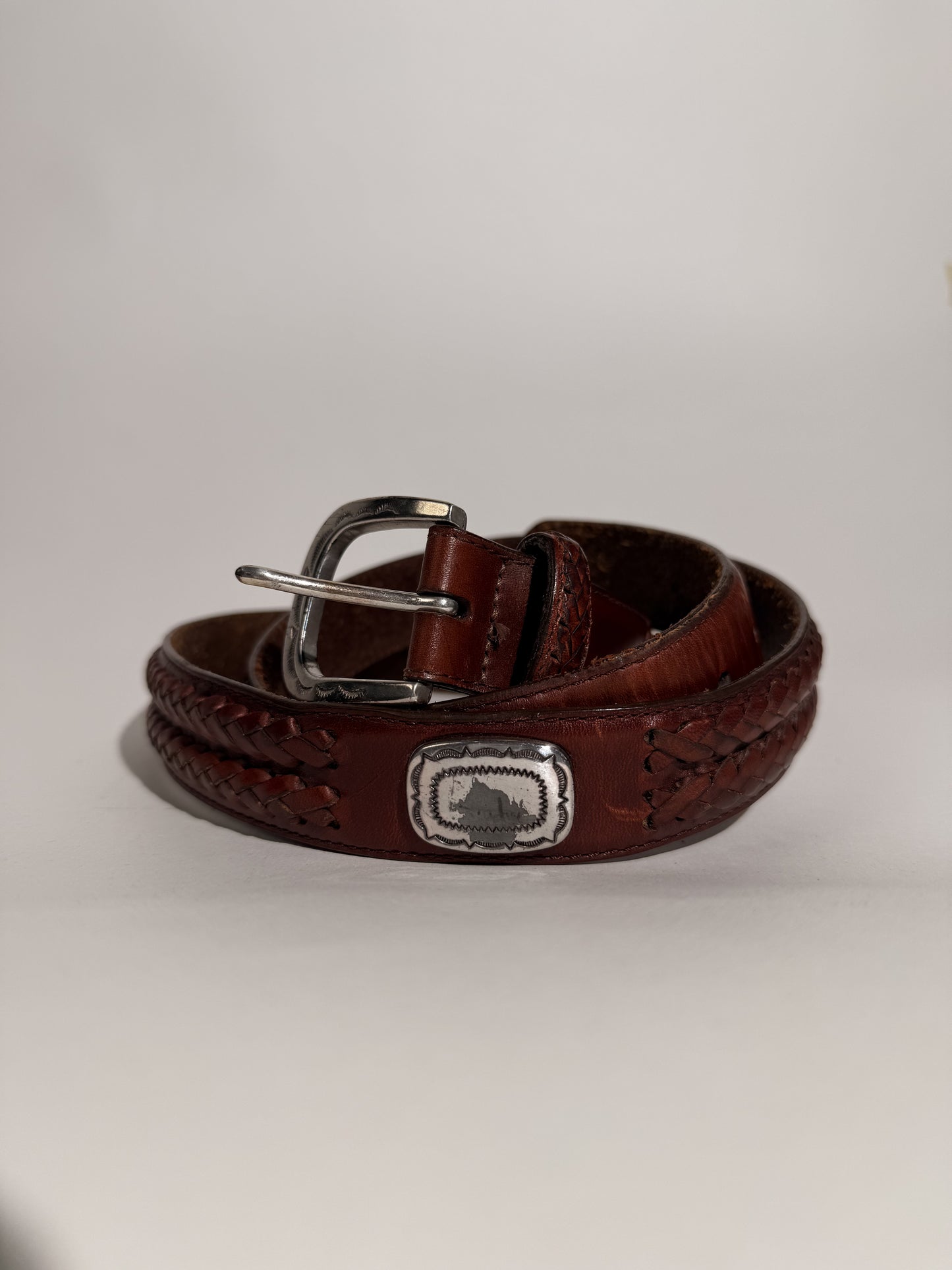Brown Braided Leather Belt with Silver Hardware