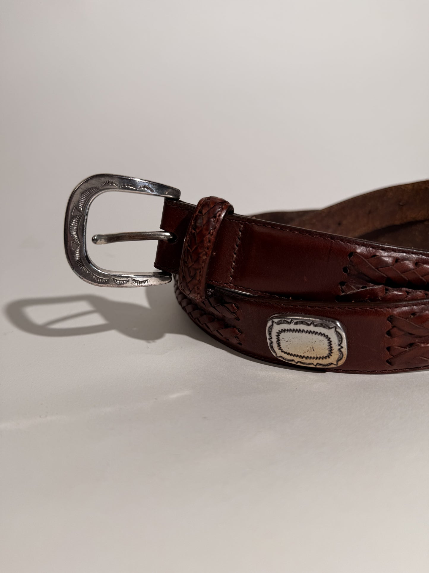Brown Braided Leather Belt with Silver Hardware