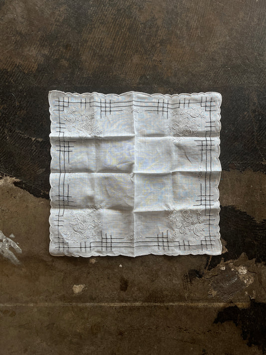 White Geometric + Floral Trim Handkerchief