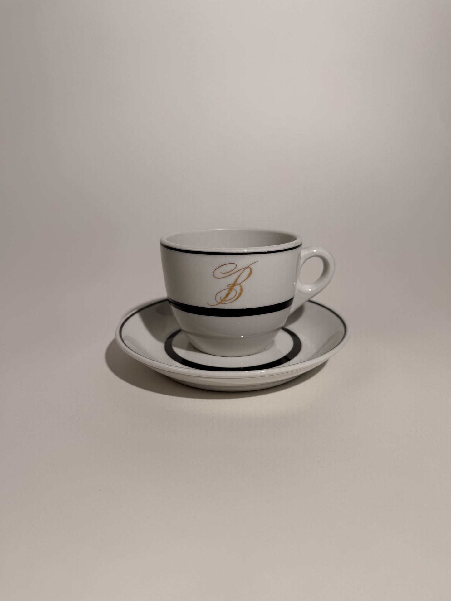 "B" Black Stripe Tea Cup + Saucer