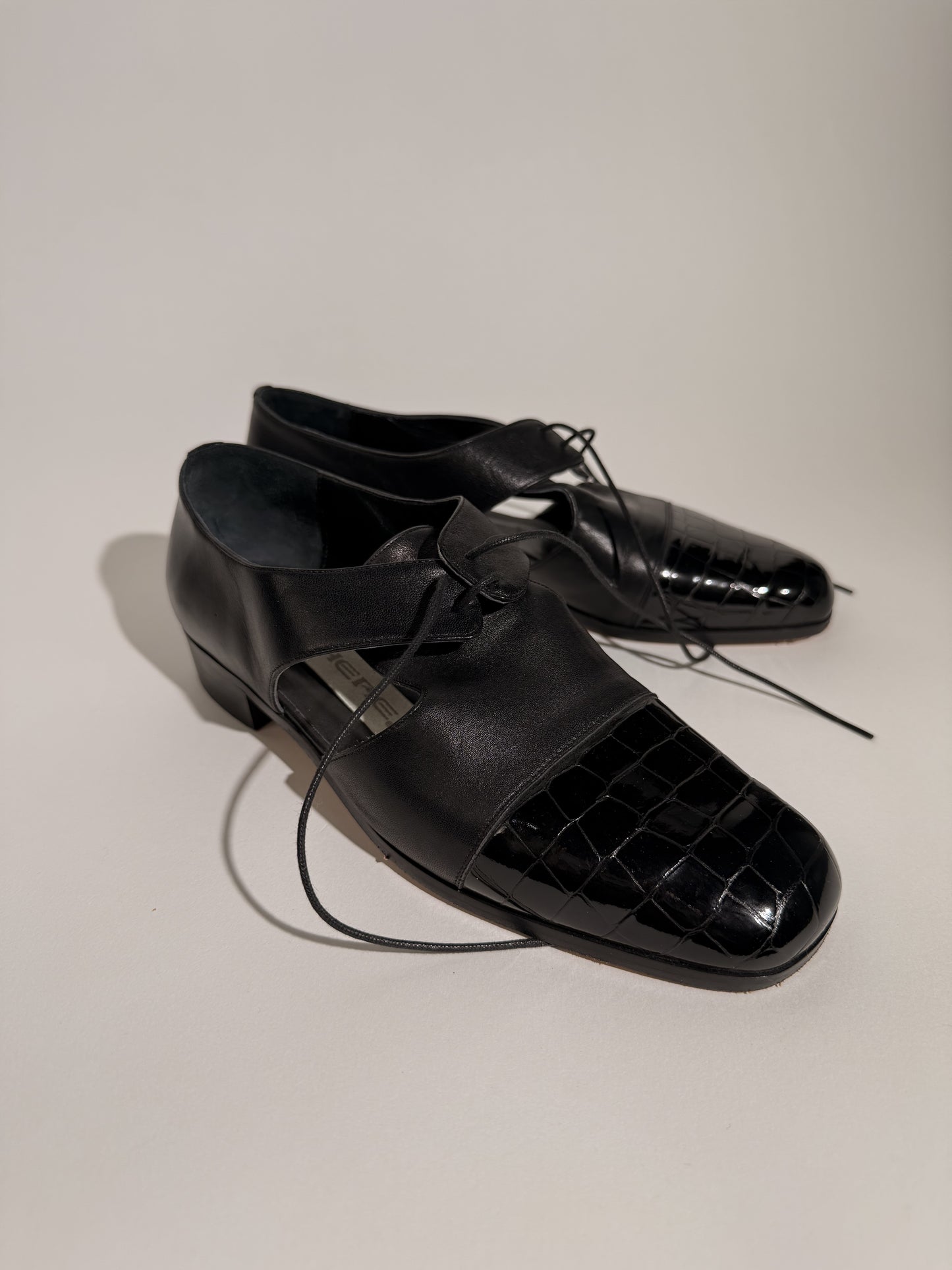 Sphere Black Leather + Croc Laced Loafers