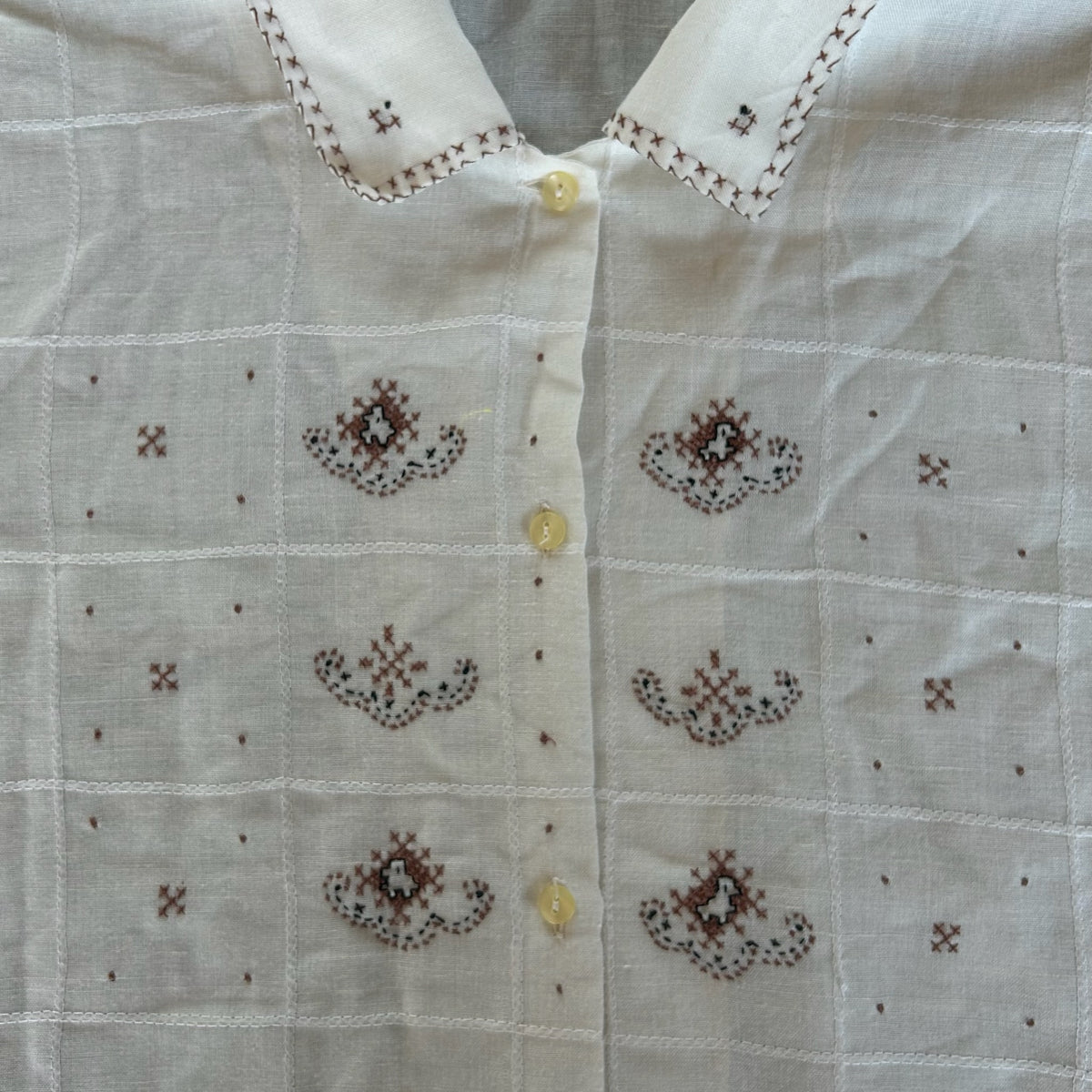 White + Brown Cross Stitch Short Sleeve Button Up