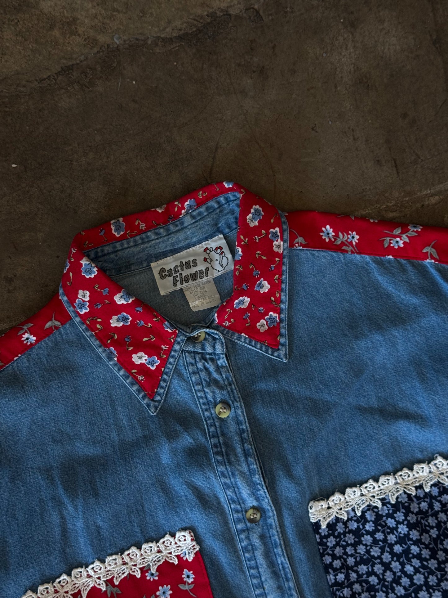Cactus Flower Denim Floral + Lace Trim Shirt