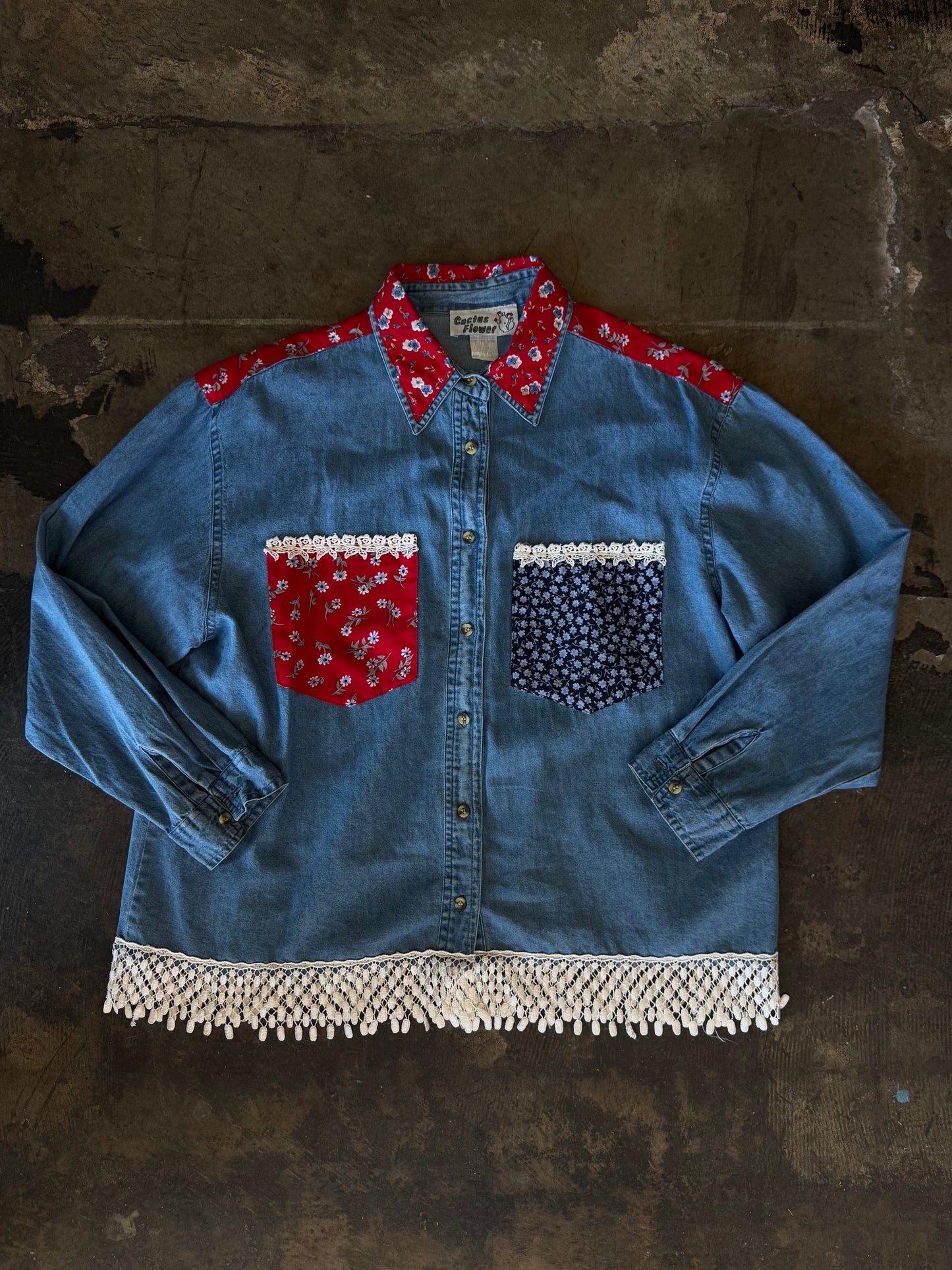 Cactus Flower Denim Floral + Lace Trim Shirt