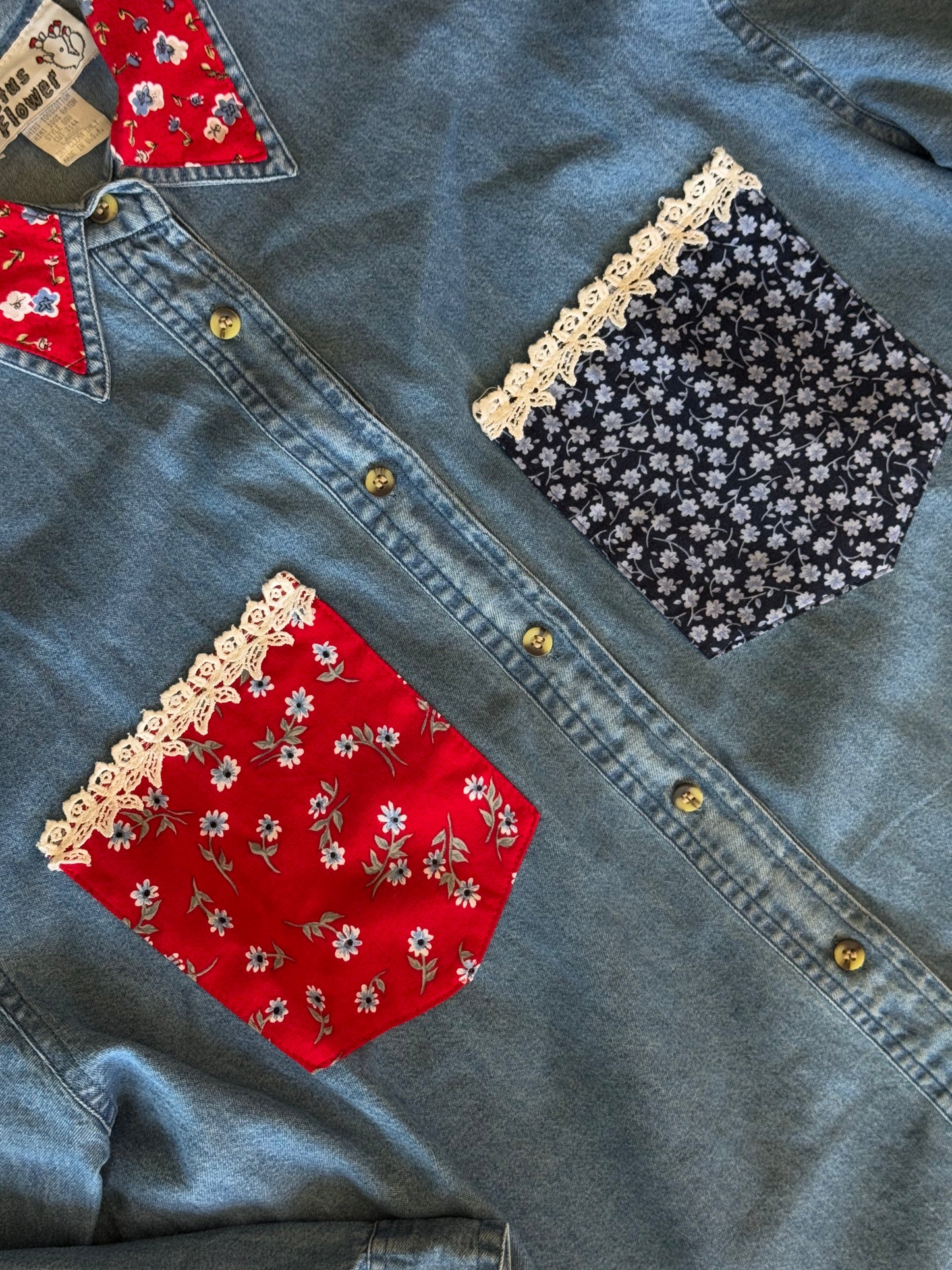 Cactus Flower Denim Floral + Lace Trim Shirt