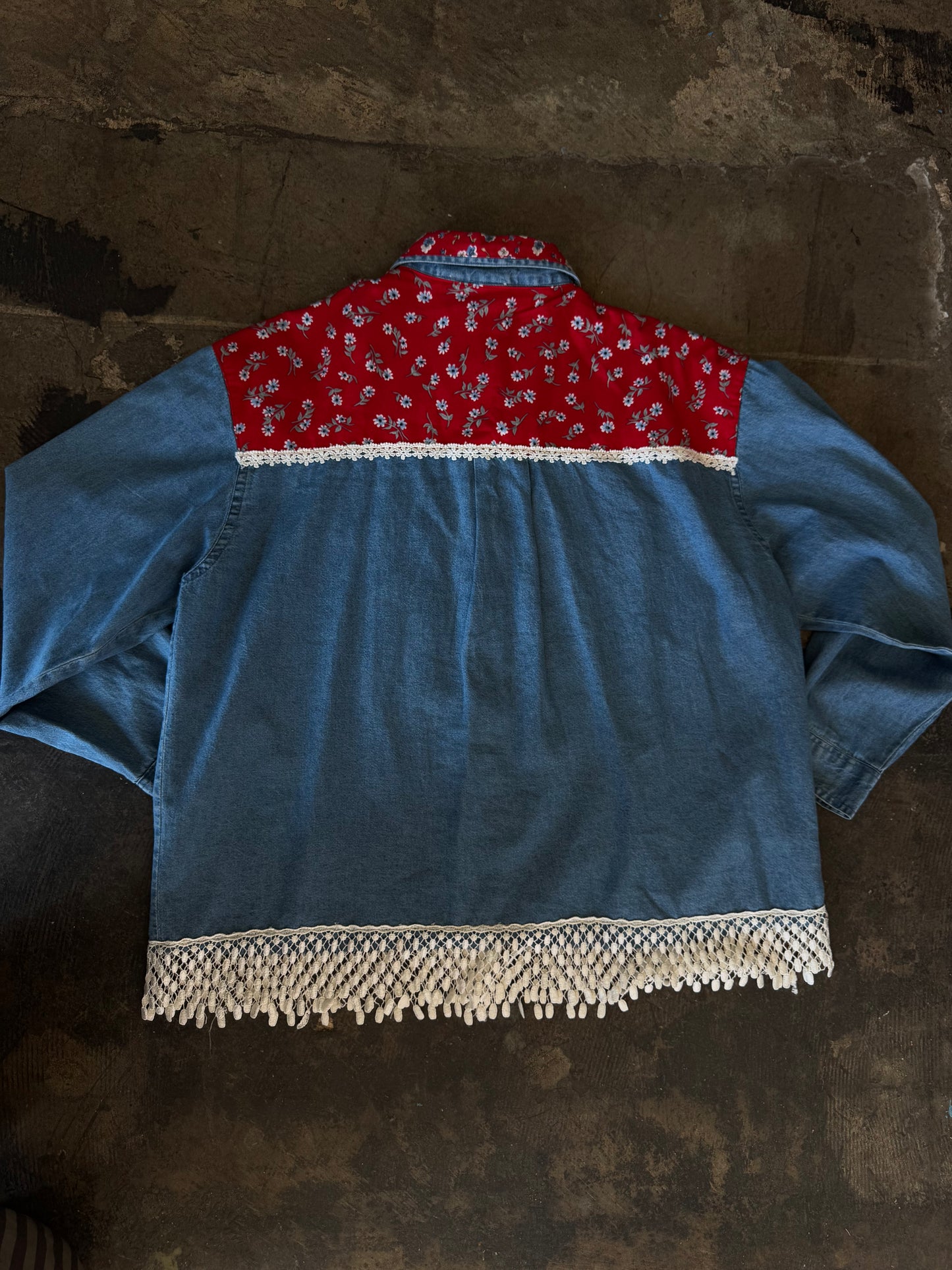 Cactus Flower Denim Floral + Lace Trim Shirt