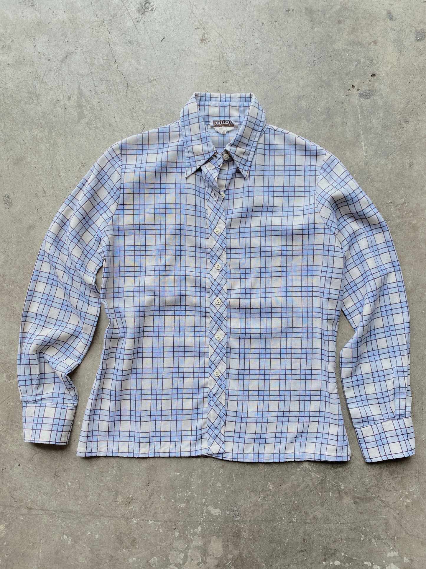 1970's Blue & Cream Plaid Mod Button Down