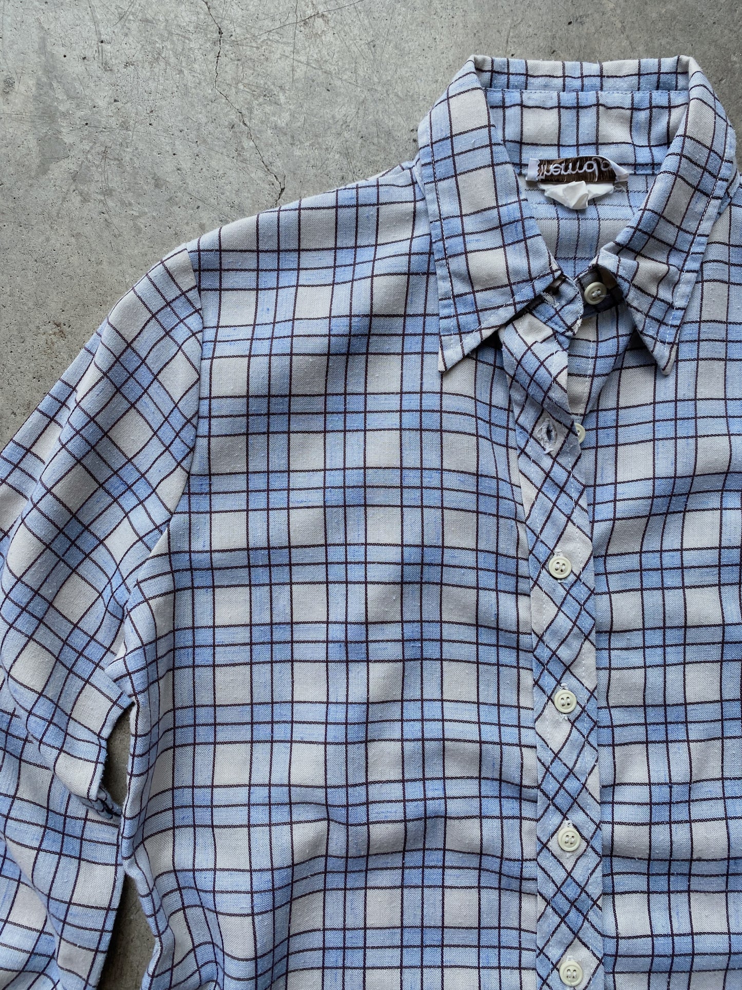 1970's Blue & Cream Plaid Mod Button Down