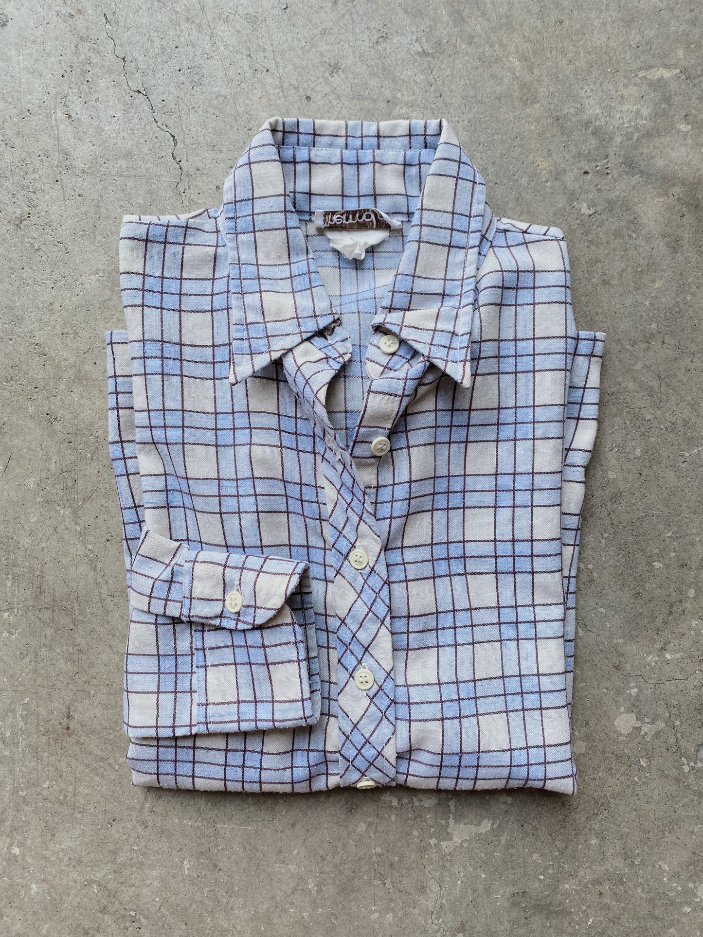1970's Blue & Cream Plaid Mod Button Down