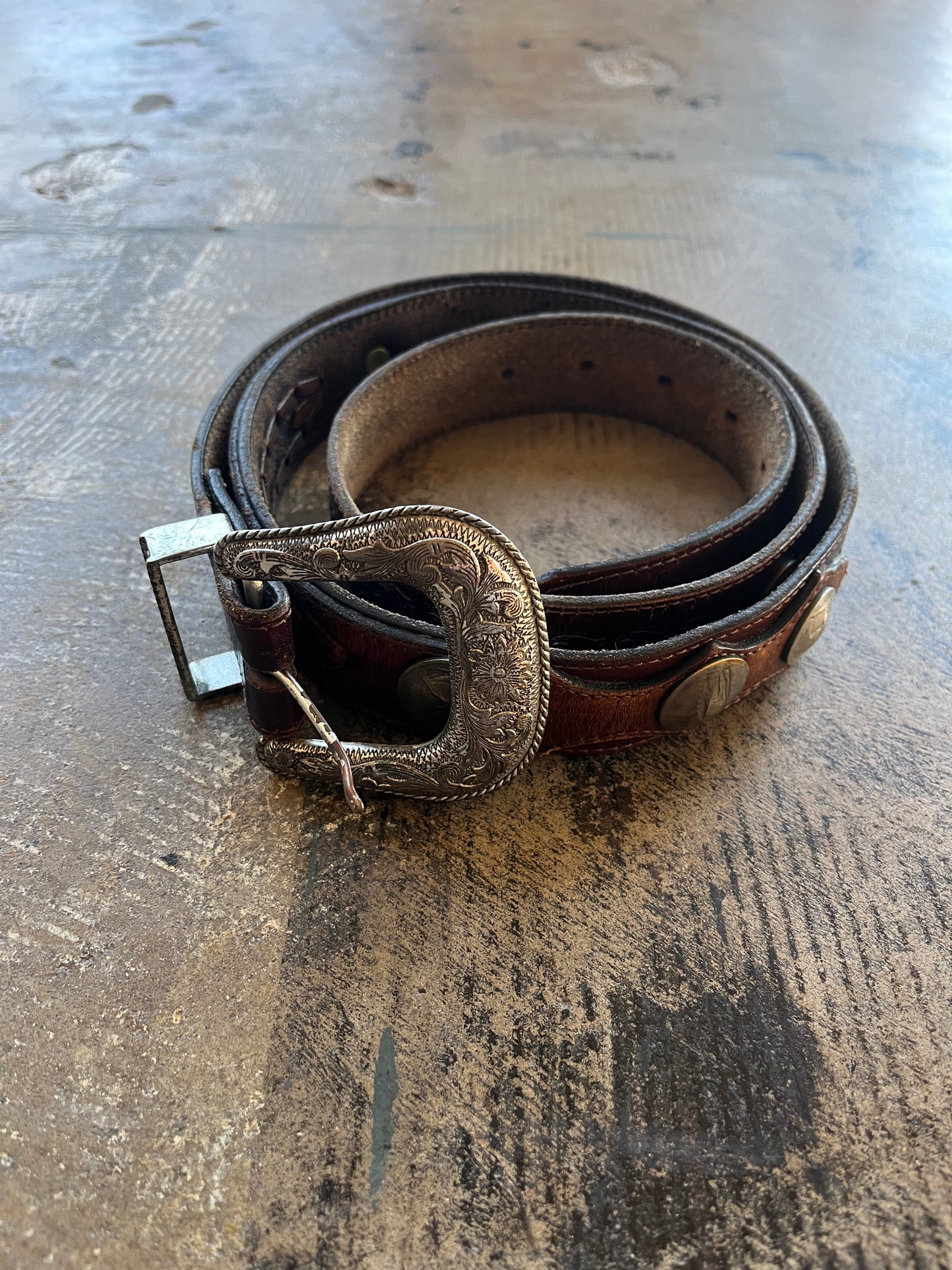 Vintage Dark Brown Embossed and Riveted Belt