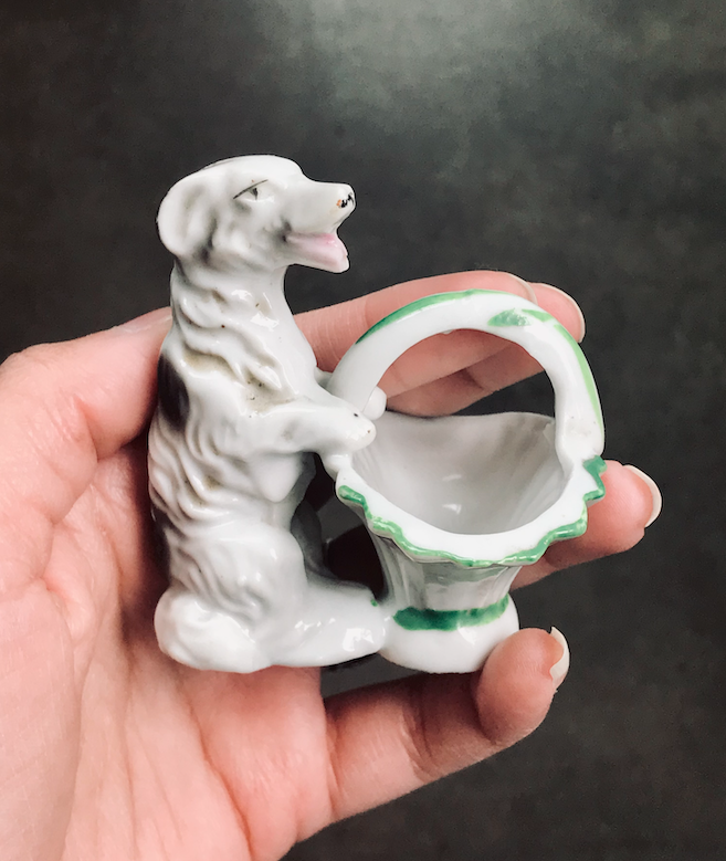 Vintage Dog W/Basket Porcelain