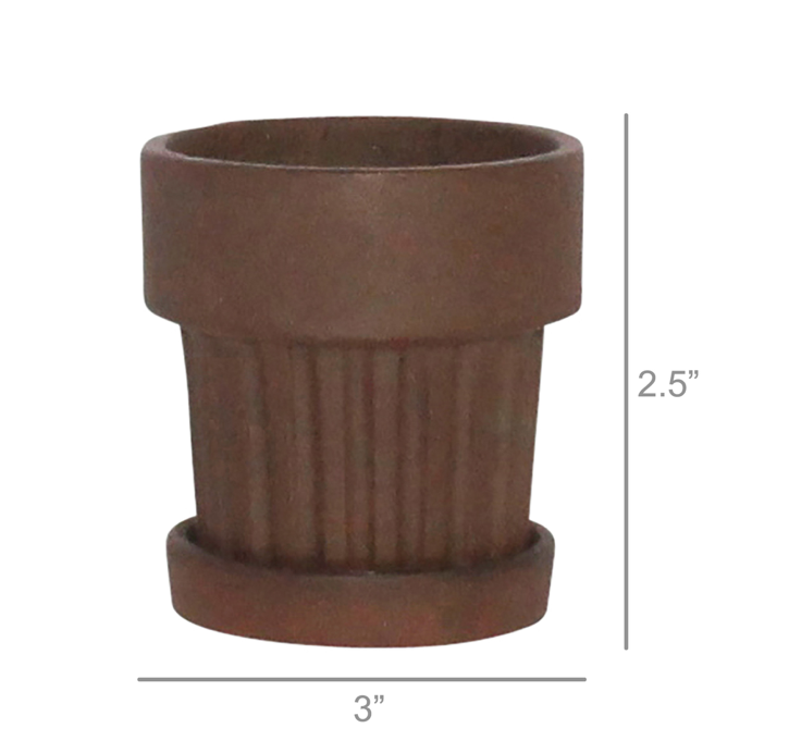 Ribbed Brown Clay Pot & Saucer