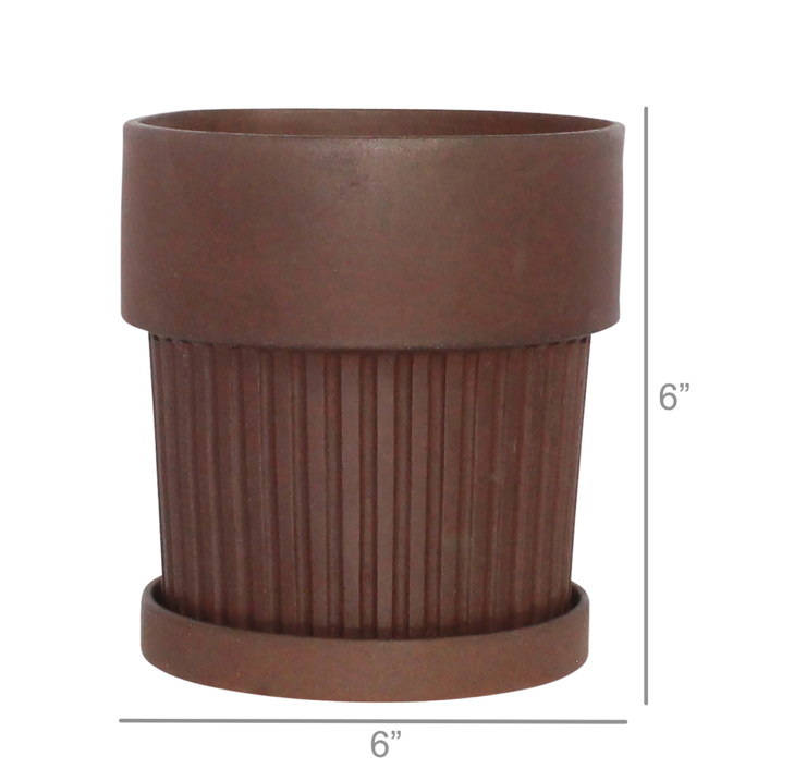 Ribbed Brown Clay Pot & Saucer