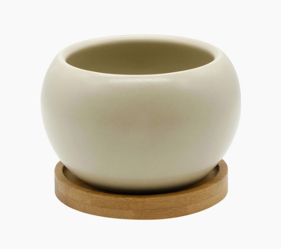 small ceramic planter with saucer Small Planter with Bamboo Saucer – hēy konēko