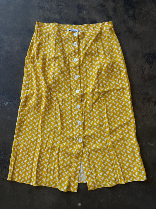Yellow Patterned Button Front Maxi Skirt