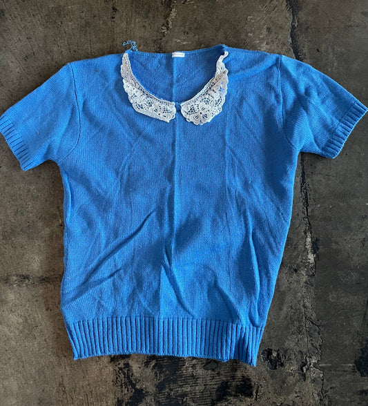 Lace Collar Blue Short Sleeve Sweater