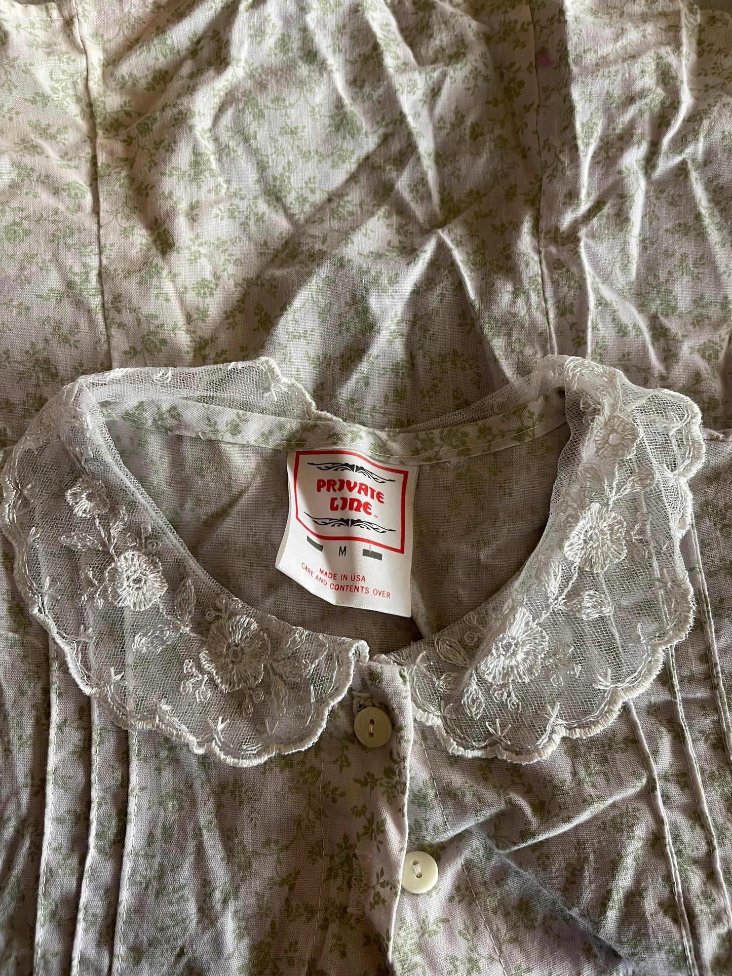 Lace Trim Green Floral Blouse