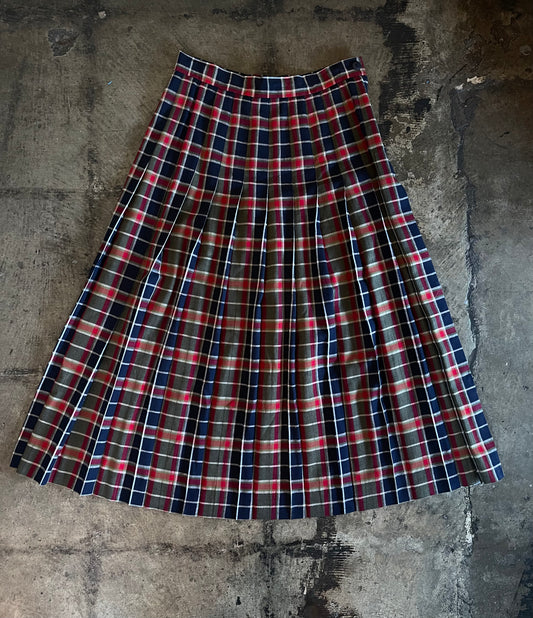 Green, Navy + Red Pleated Plaid Skirt