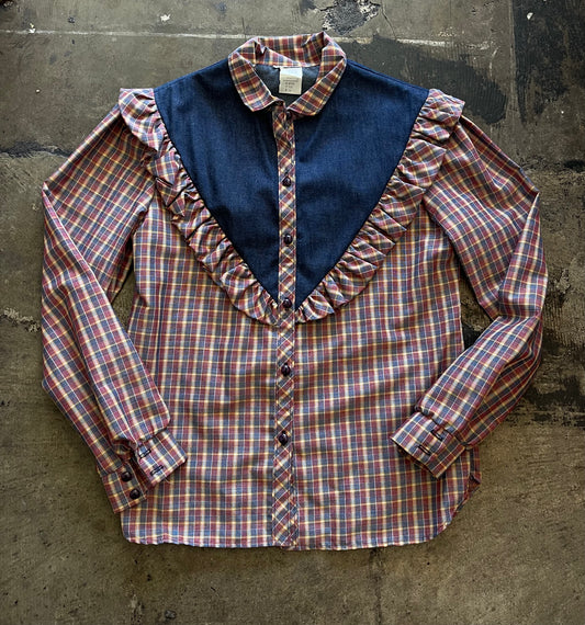 Plaid + Denim Ruffle Blouse