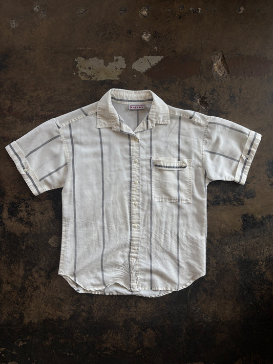 Gray Striped Pocket Front Short Sleeve Blouse