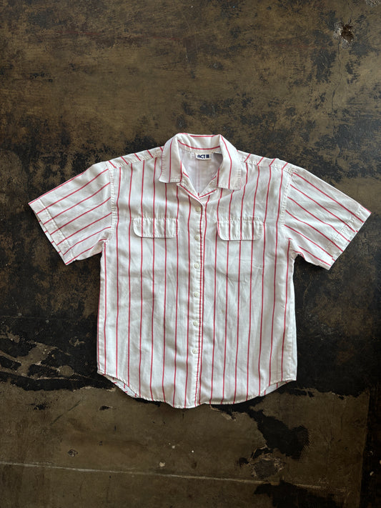 Red Stripe Pocket Front Short Sleeve Blouse