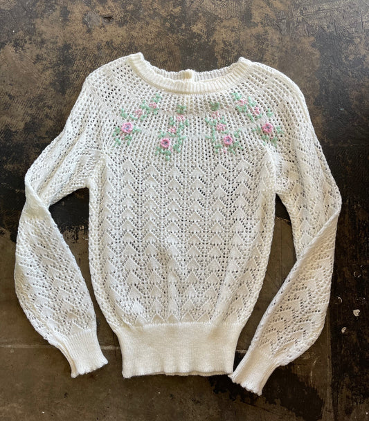 White + Pink Floral Crochet Sweater
