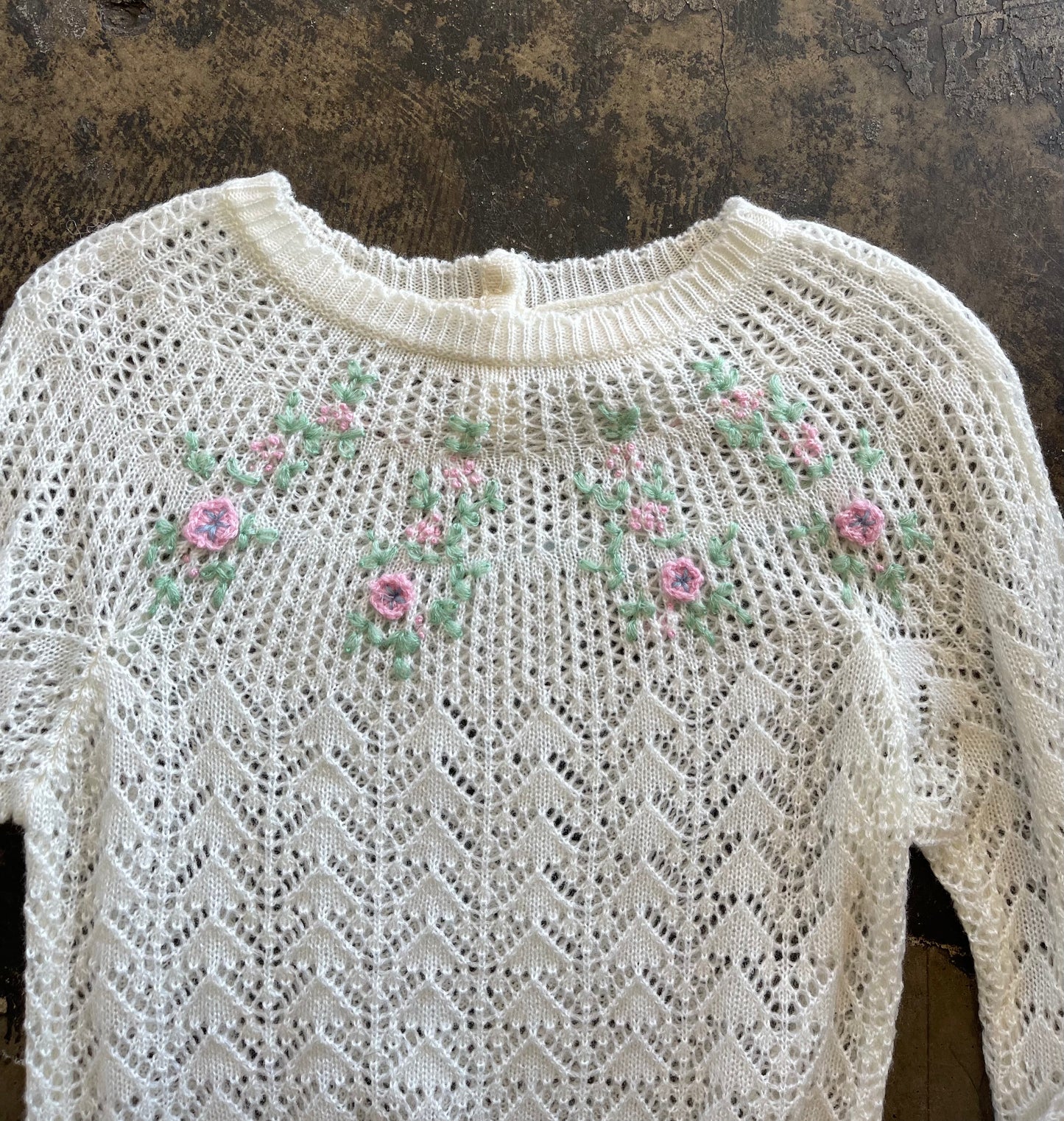 White + Pink Floral Crochet Sweater