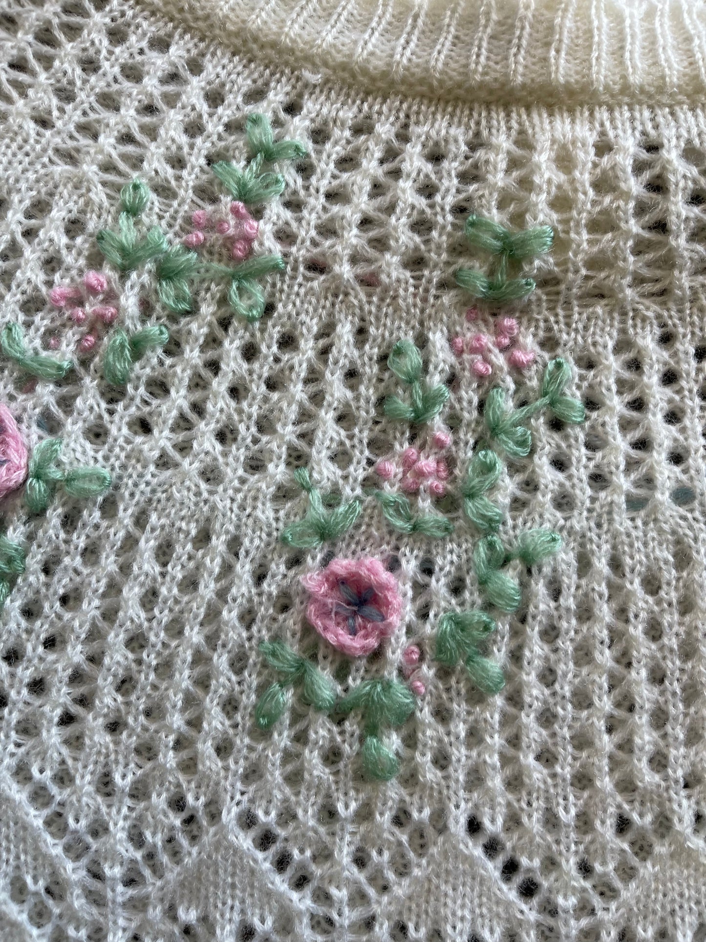 White + Pink Floral Crochet Sweater