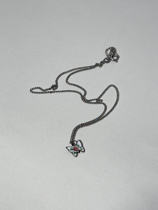 Silver Rose Butterfly Pendant + Chain
