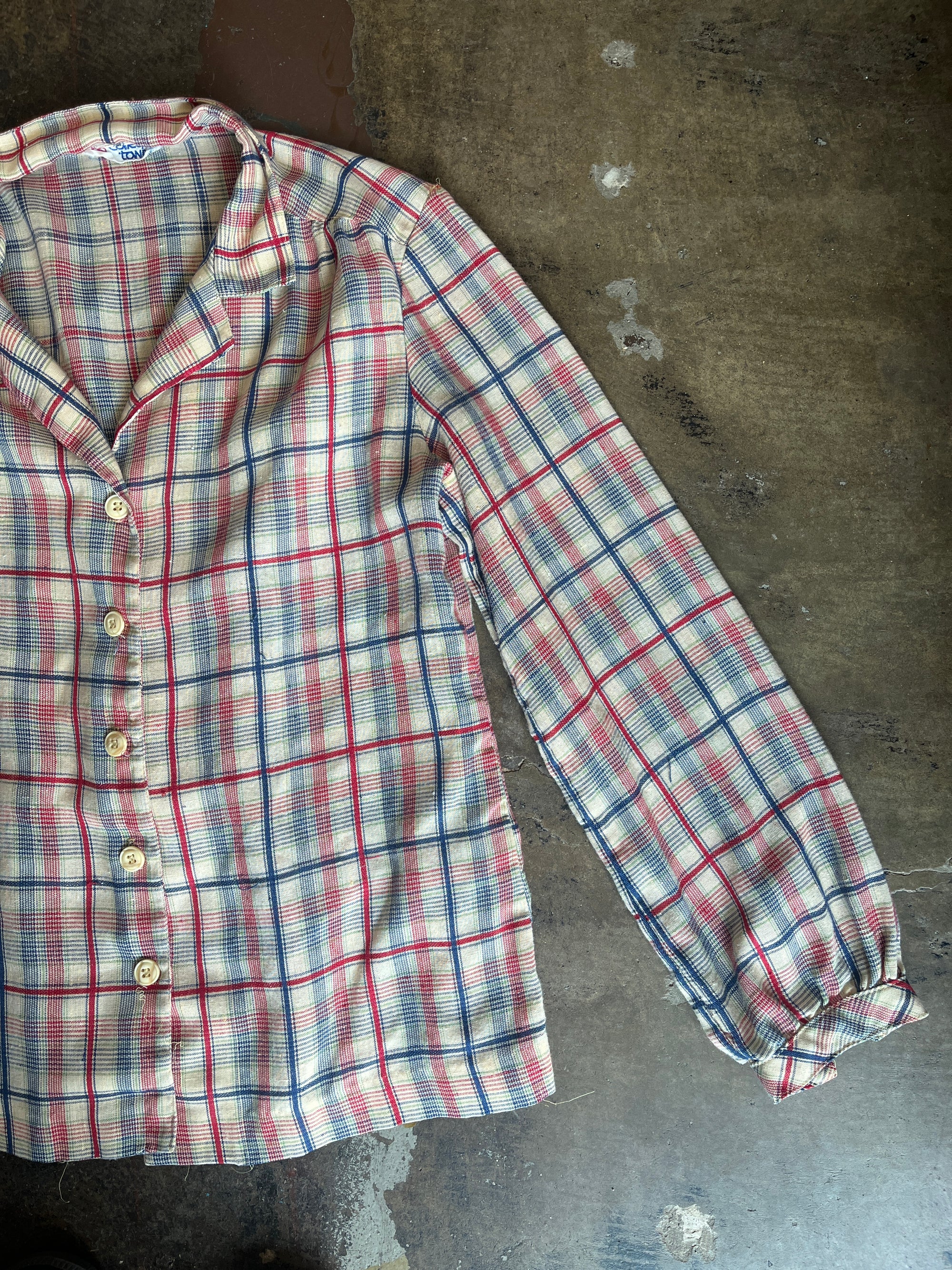 1970s Country Red and Blue Plaid Button Up