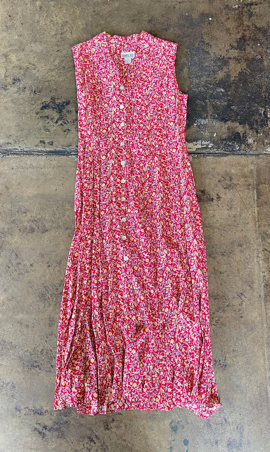 90s Red Floral Button Front Dress