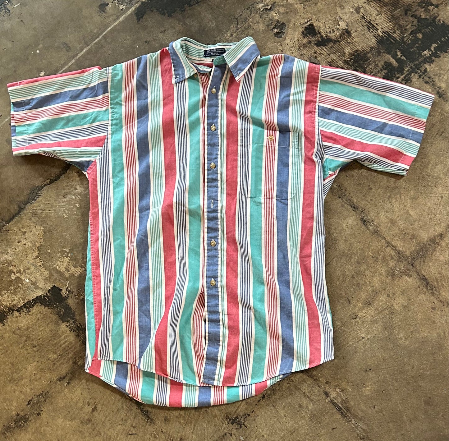 Teal Blue Red Striped Short Sleeve Button Up