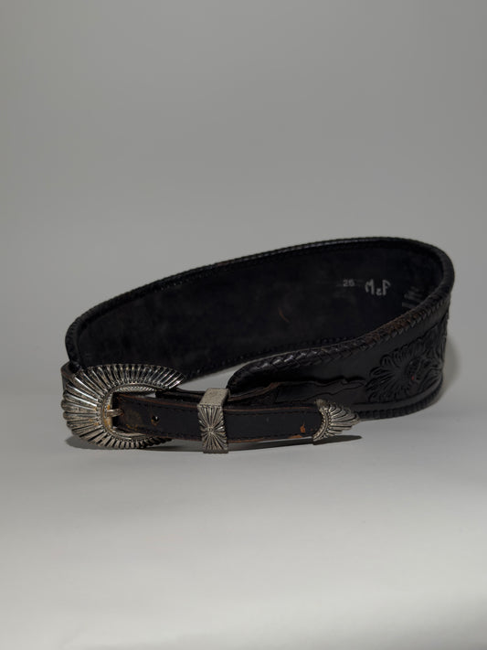 Wide Black Leather Embossed Belt