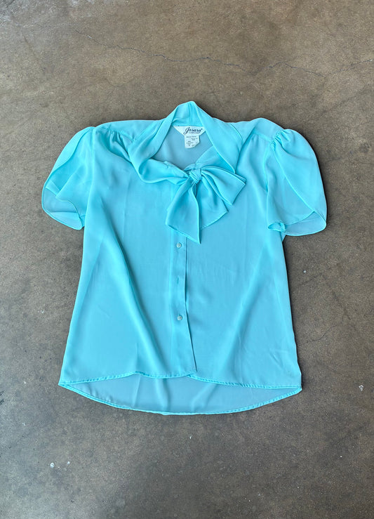 Sky Blue Short Sleeve Button Down Blouse