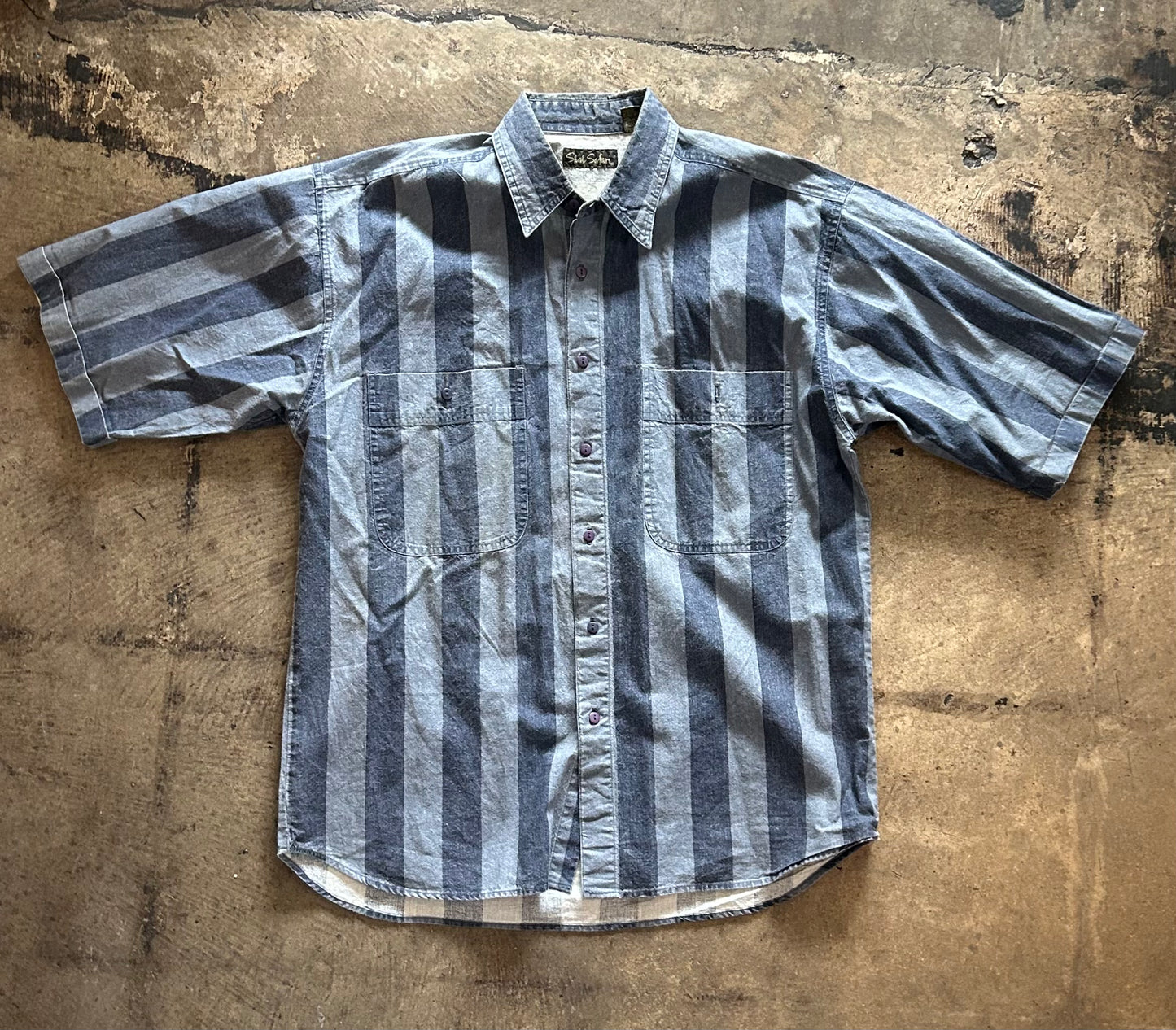 Chambray Striped Short Sleeve Button Up