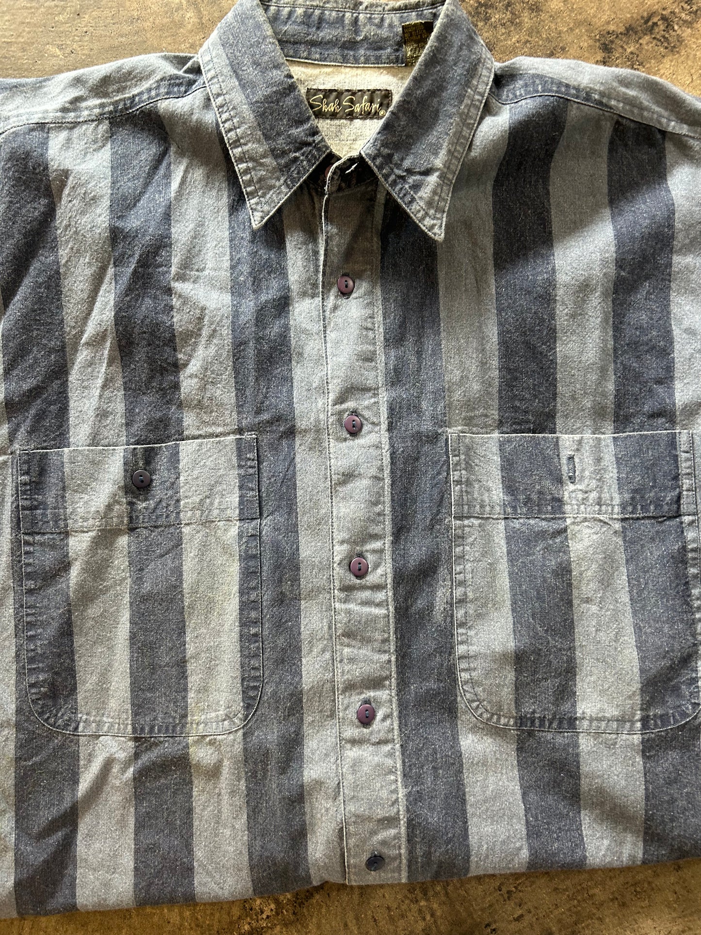 Chambray Striped Short Sleeve Button Up