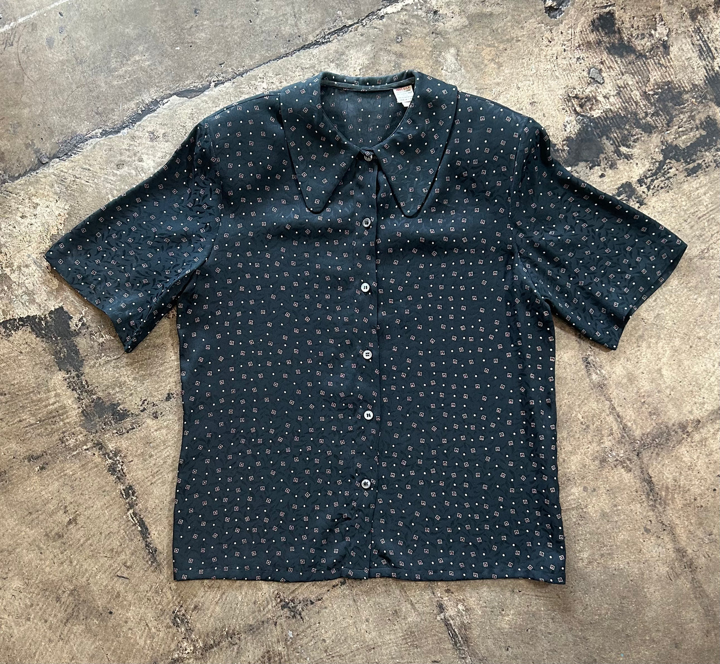 Black Patterned Silk Button Up Blouse