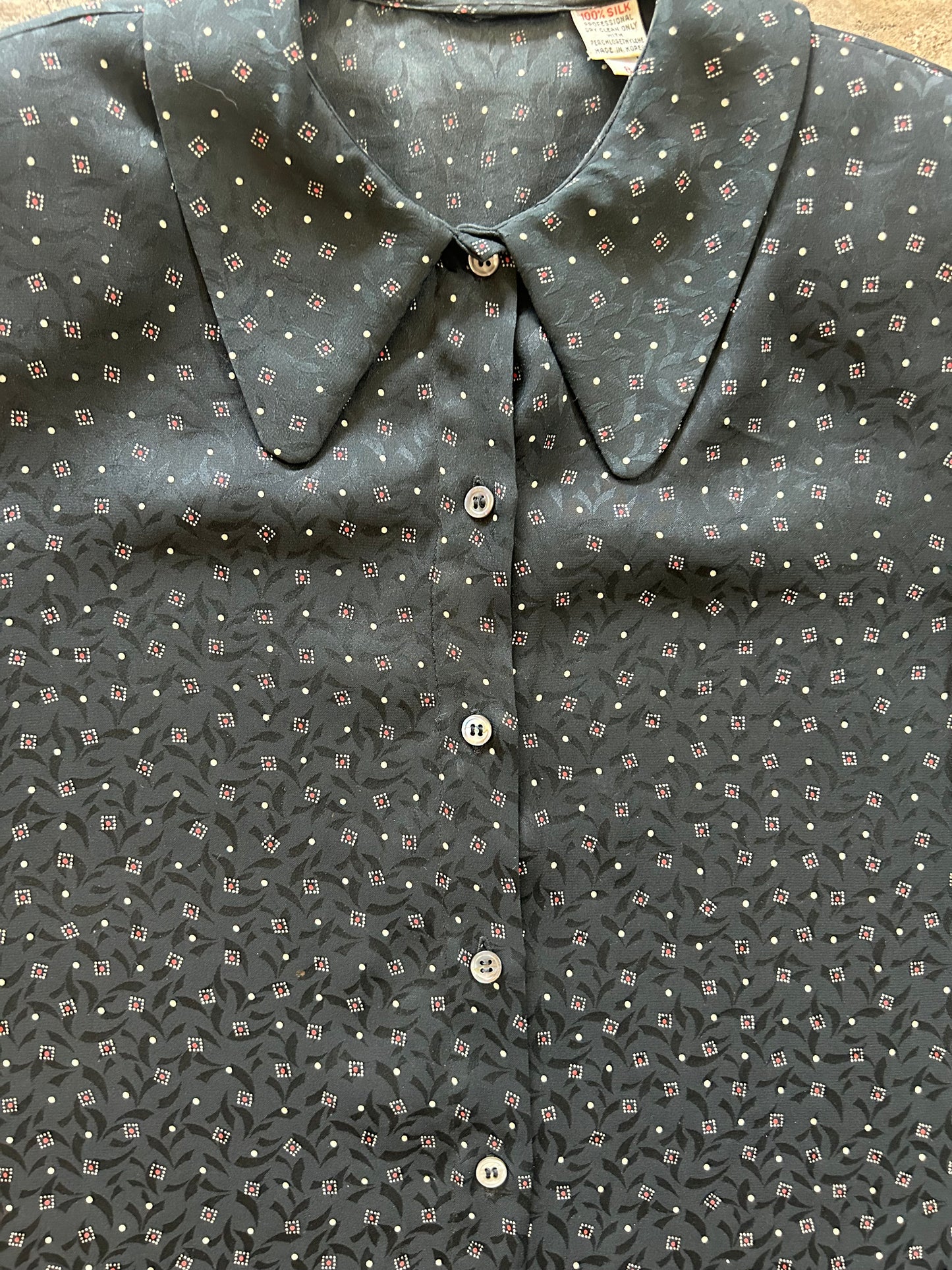 Black Patterned Silk Button Up Blouse